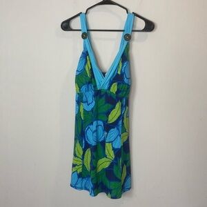 Jaclyn Smith blue tropical modest one piece skirted bathing suit women size 18W